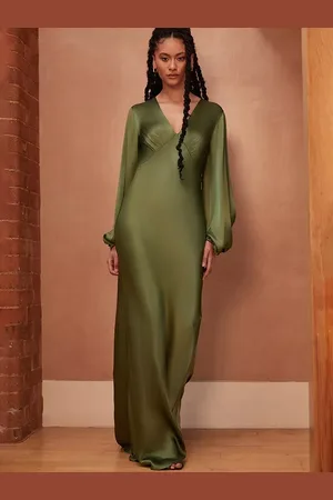 Rewritten Valencia Long Sleeve Bias Cut Satin Maxi Dress