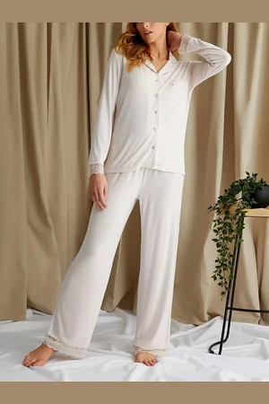 PRETTY YOU Plain Lace Bamboo Shirt Pyjama Set