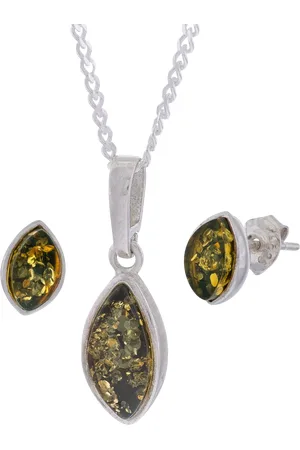 Be-Jewelled Marquise Cut Baltic Amber Pendant Necklace and Stud Earrings Jewellery Set