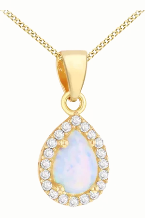 IBB 9ct Cubic Zirconia Opal Teardrop Pendant Necklace