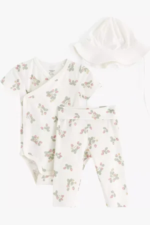 Lindex Baby Organic Cotton Blend Floral Print Wrap Bodysuit, Trousers, & Hat Set
