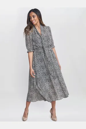 Gina Bacconi Mimi Godet Detail Tie Neck Midi Print Dress, Multi