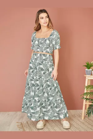 Yumi Organic Cotton Palm Leaf Print Ruched Waist Maxi Skirt