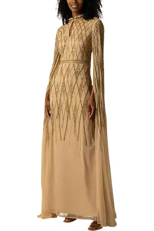 RAISHMA Shantel Sequin Geometric Sheer Floor Length Sleeve Maxi Gown
