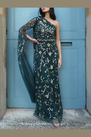 RAISHMA Therese Sequin Floral Sheer Cape Sleeve One Shoulder Maxi Gown