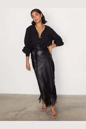 Never Fully Dressed Jaspre Faux Leather Fringe Midi Skirt