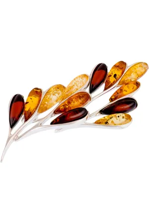 Be-Jewelled Sterling Silver Amber Leaf Brooch