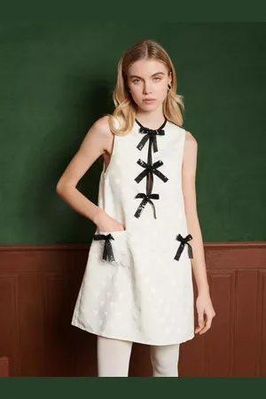Sister Jane Tamara Bow Embellished Heart Jacquard Mini Dress, Cream