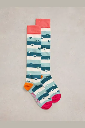 White Stuff Stripe Hearts Organic Cotton Rich Knee High Socks