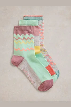 White Stuff Squiggle Organic Cotton Rich Ankle Socks, Pack of 3
