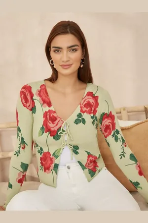 Yumi Rose Print Tie Front Cardigan