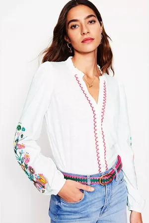 Boden Embroidered Frill Neck Top