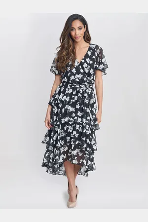 Gina Bacconi Floral Wrap Effect Tiered Dress