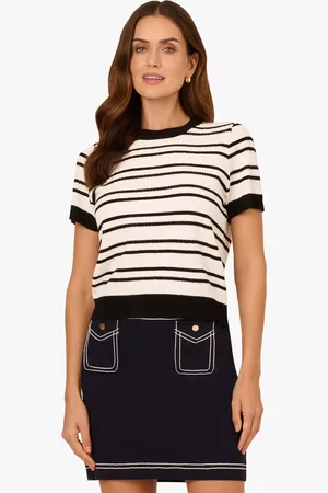 Adrianna Papell Stripe Pointelle Contrast Trim Jumper