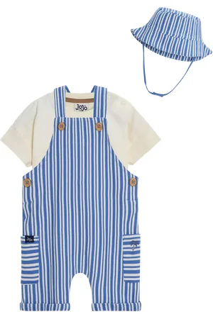 JoJo Maman Bébé Baby Stripe Dungarees, T-Shirt and Hat Set