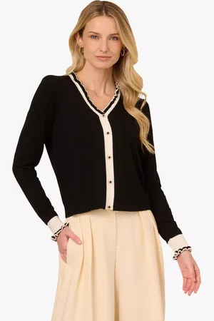 Adrianna Papell Contrast Ruffle Long Sleeve Cardigan