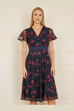Yumi Embroidered Floral Mesh Midi Skater Dress