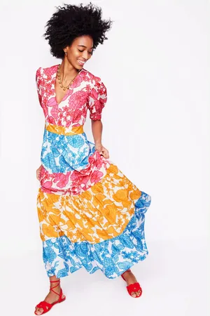 Boden Bella Tiered Puff Sleeve Maxi Dress, Multi, Cascade