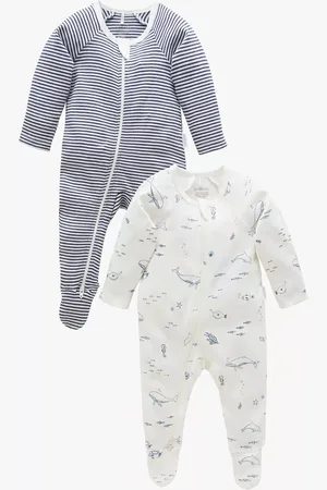 Purebaby Baby Organic Cotton Whale Stripe Zip Sleepsuit, Pack of 2