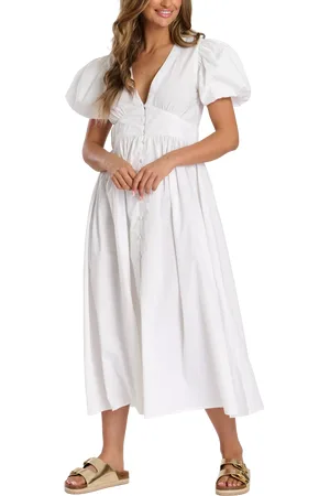 South Beach Puff Sleeve Button Detail Midi Dress