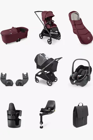 Bugaboo Dragonfly Pushchair, Carrycot & Accessories with Maxi-Cosi Pebble 360 i-Size Car Seat & Base Bundle, Dark Cherry