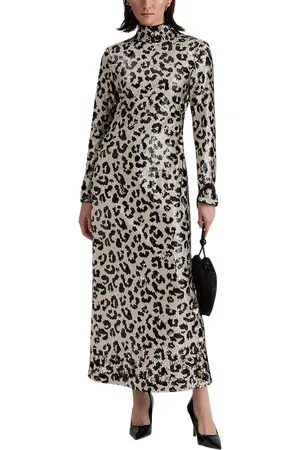 By Malina Madelyn Animal Print Open Back Sequin Maxi Dress