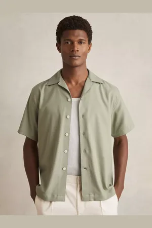 Reiss Nitus Herringbone Twill Cuban Collar Short Sleeve Shirt