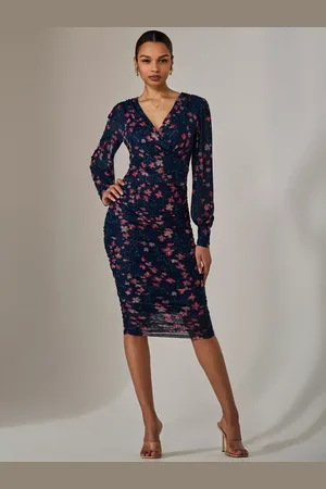 Jolie Moi Floral Mesh Long Sleeve Ruched Bodycon Dress