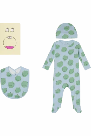 Stella McCartney Baby Cotton Rib Frog Print Sleepsuit, Beanie Hat & Bib