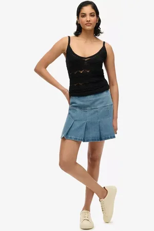 Superdry Pleated Patched Denim Mini Skirt