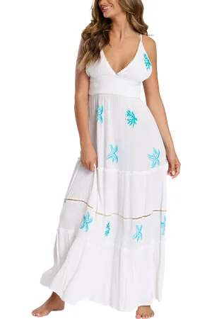 South Beach Embroidered Cami Maxi Dress with Blue Sequin Starfish Details