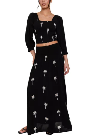 South Beach Embroidered Shirred Waist Maxi Skirt with Embroidered Sequin Palm Tree Details