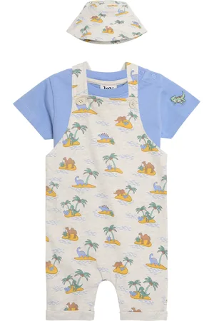 JoJo Maman Bébé Baby Dinosaur Dungarees, T-Shirt and Hat Set