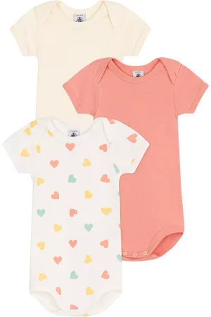 Petit Bateau Baby Cotton Plain & Heart Short Sleeve Bodysuit, Pack of 3, Multi