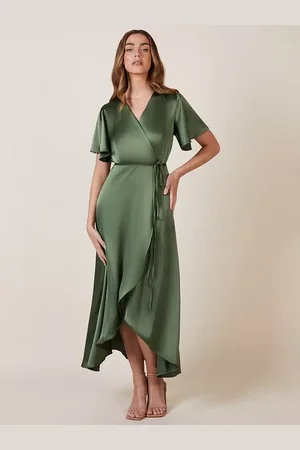 Rewritten Florence Waterfall Hem Satin Wrap Dress