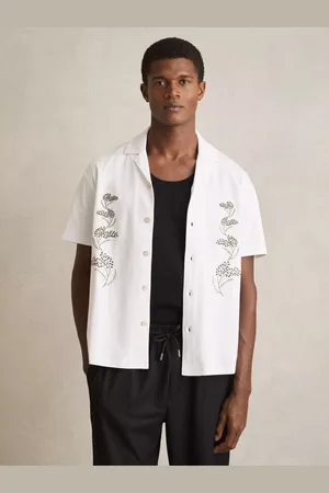 Reiss Goya Floral Embroidered Cotton Regular Fit Short Sleeve Shirt