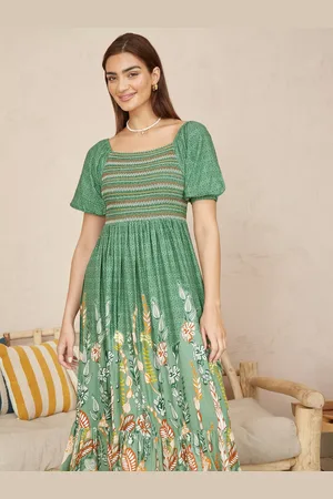 Yumi Ruched Leaf Print Maxi Dress