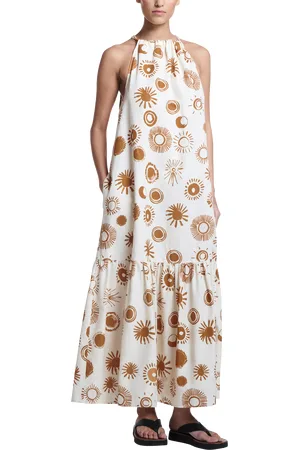 ASCENO Ibiza Halterneck Linen Cotton Blend Maxi Dress