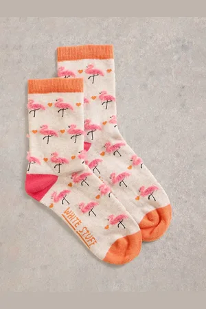 White Stuff Fluffy Flamingo Print Ankle Socks