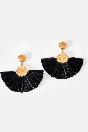 mint&berry Shell Raffia Stud Earrings, Black/Gold