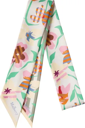 MULBERRY Graphic Floral Skinny Scarf, Linen Green/Buttermilk