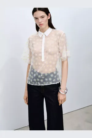 MANGO Dacy Floral Embroidered Sheer Shirt