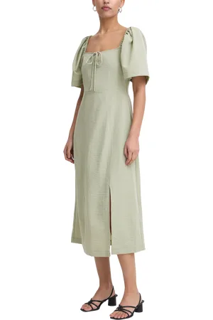 Ichi Ullani Puff Sleeve A-Line Midi Dress