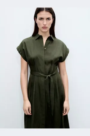 MANGO Casino Linen Blend Belted Sleeveless Shirt Midi Dress
