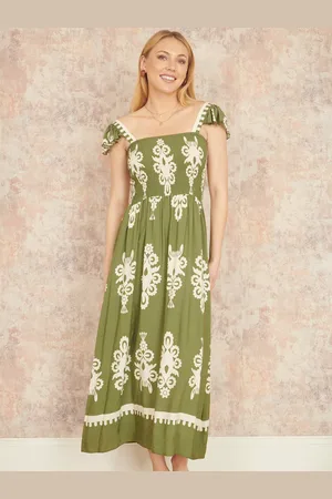 Yumi Block Print Ruched Maxi Dress