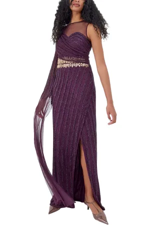 RAISHMA Elena Hand-Beaded Embellished Drape Slit Evening Gown