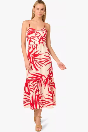 Adrianna Papell Adrianna by Palm Leaf Print Strapped Midi Dress