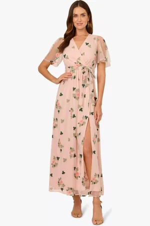 Adrianna Papell Embroidered Flutter Sleeve Maxi Dress