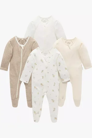 Purebaby Baby Organic Cotton Floral/Stripe/Plain Sleepsuits, Pack of 4