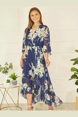 Yumi Floral Kimono Sleeves Dip Hem Wrap Midi Dress